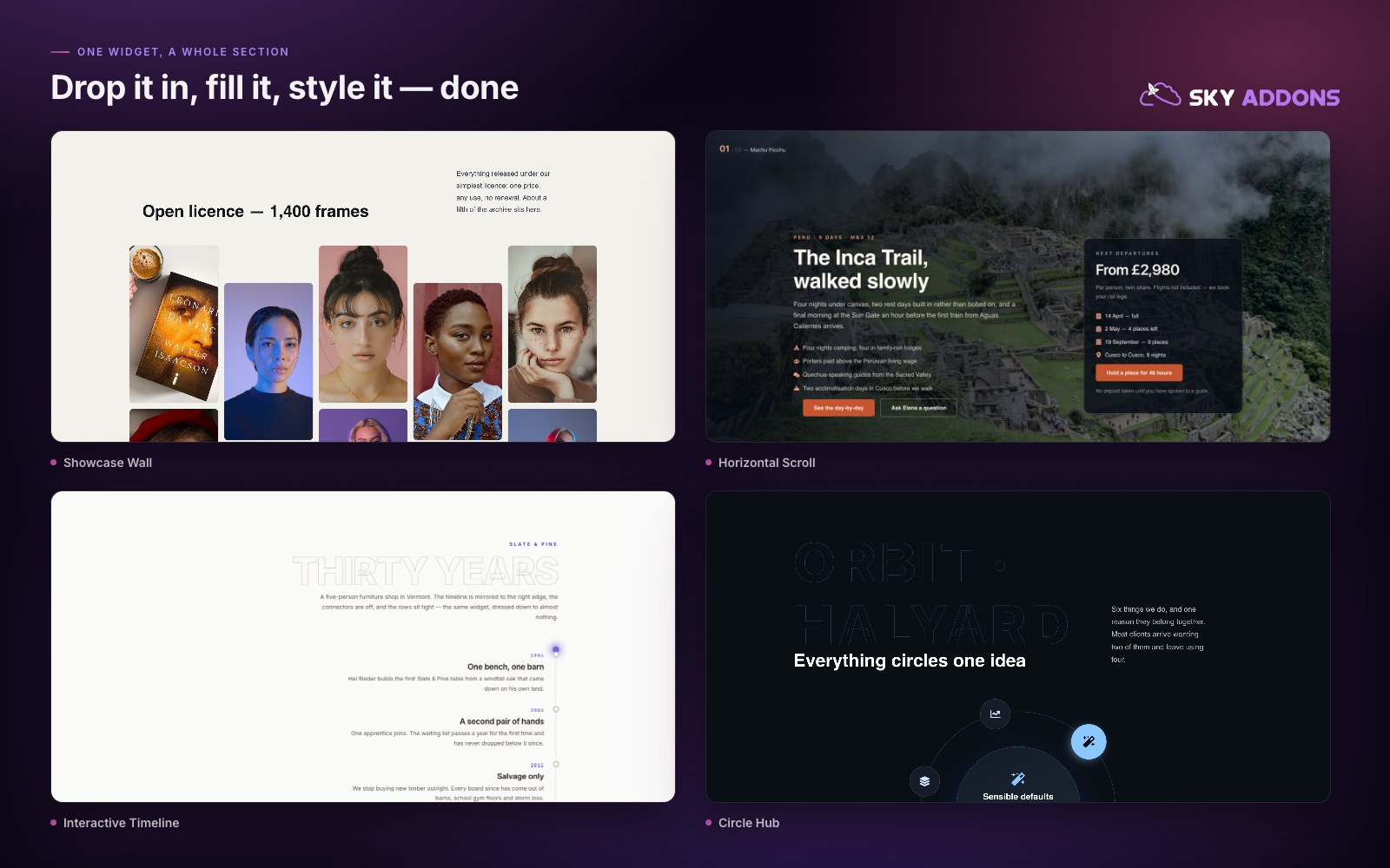 Whole sections from a single widget: Showcase Wall, Horizontal Scroll, Interactive Timeline and Circle Hub.