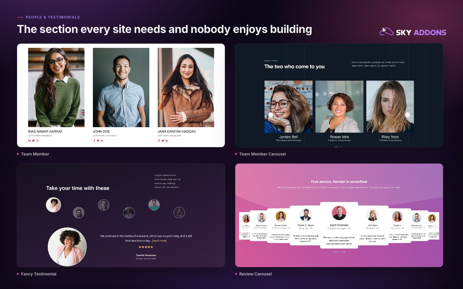 Teams and testimonials: Team Member, Team Member Carousel, Fancy Testimonial and Review Carousel.