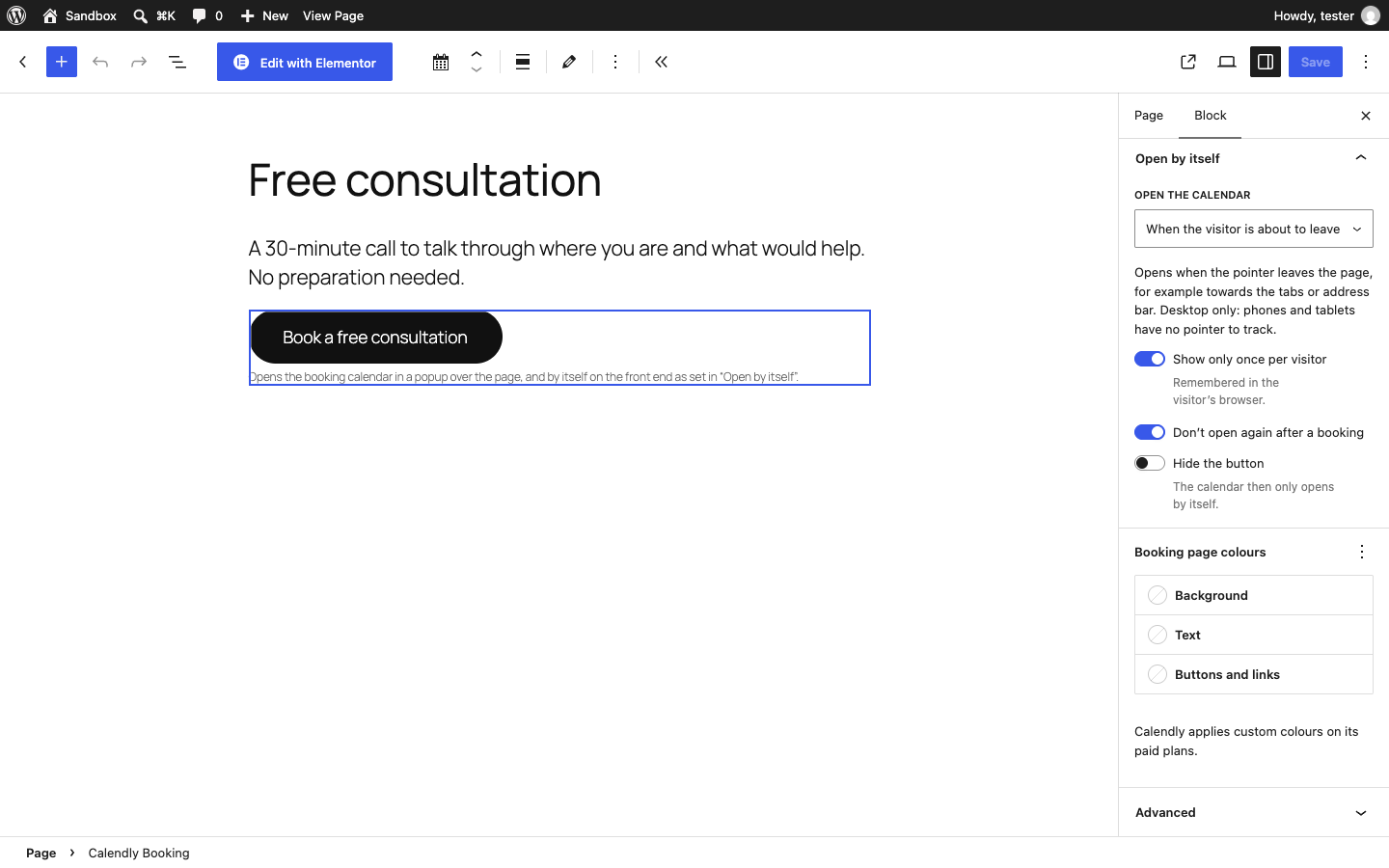 A button that opens a popup, with the Open by itself options: after a delay, on exit intent or after scrolling, once per visitor, not after a booking.
