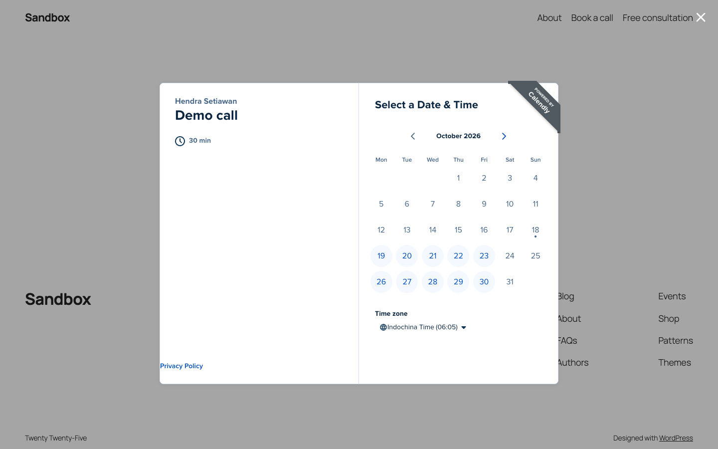 The booking calendar in Calendly's popup on the front end.