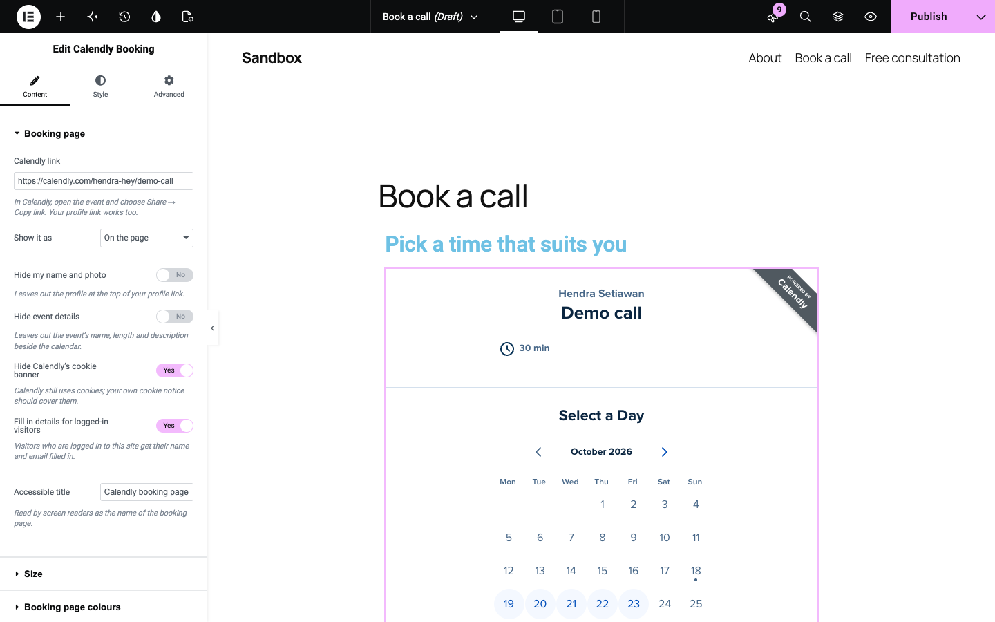The Calendly Booking widget in Elementor, with the live calendar in the editor and a Style tab for the buttons.