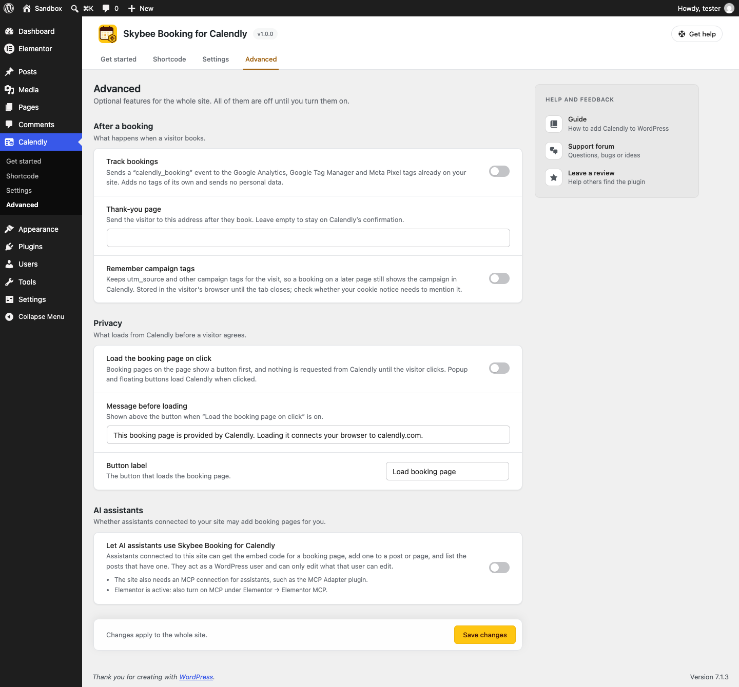 Calendly → Advanced: optional booking tracking, thank-you page, campaign tags, load on click and AI assistant support.