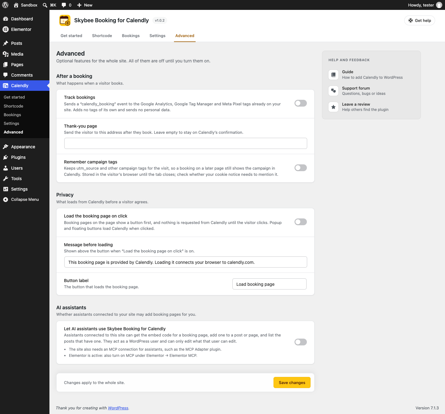 Calendly → Advanced: optional booking tracking, thank-you page, campaign tags, load on click and AI assistant support.