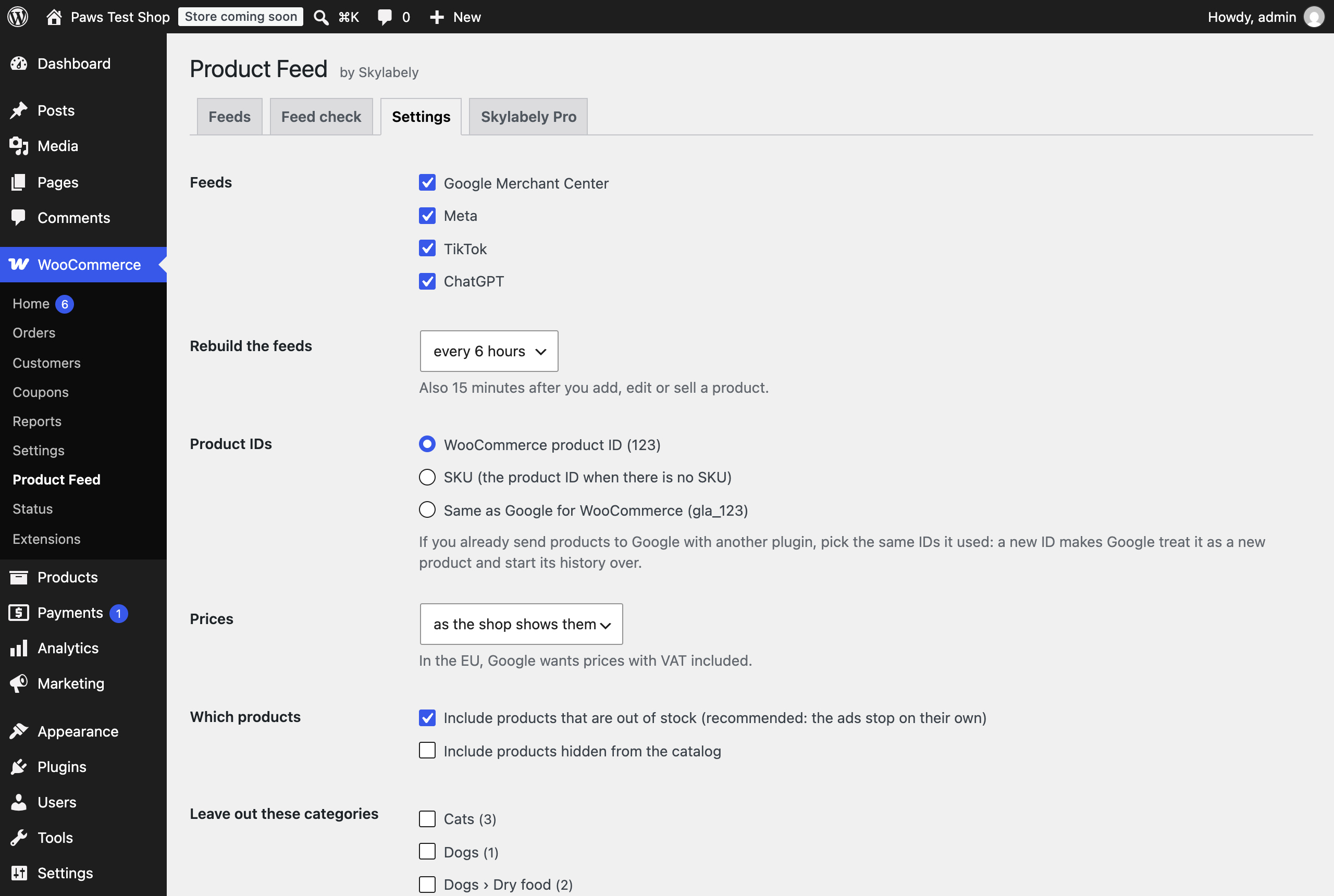 Settings: product IDs, prices with or without tax, products to include, Google categories.