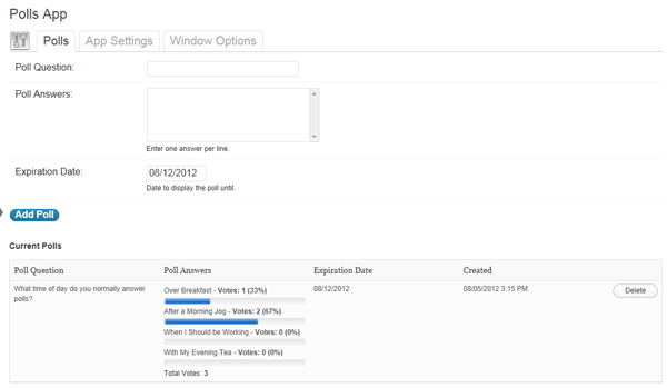 Adding a new voting poll. Showing poll answer results for previous polls.