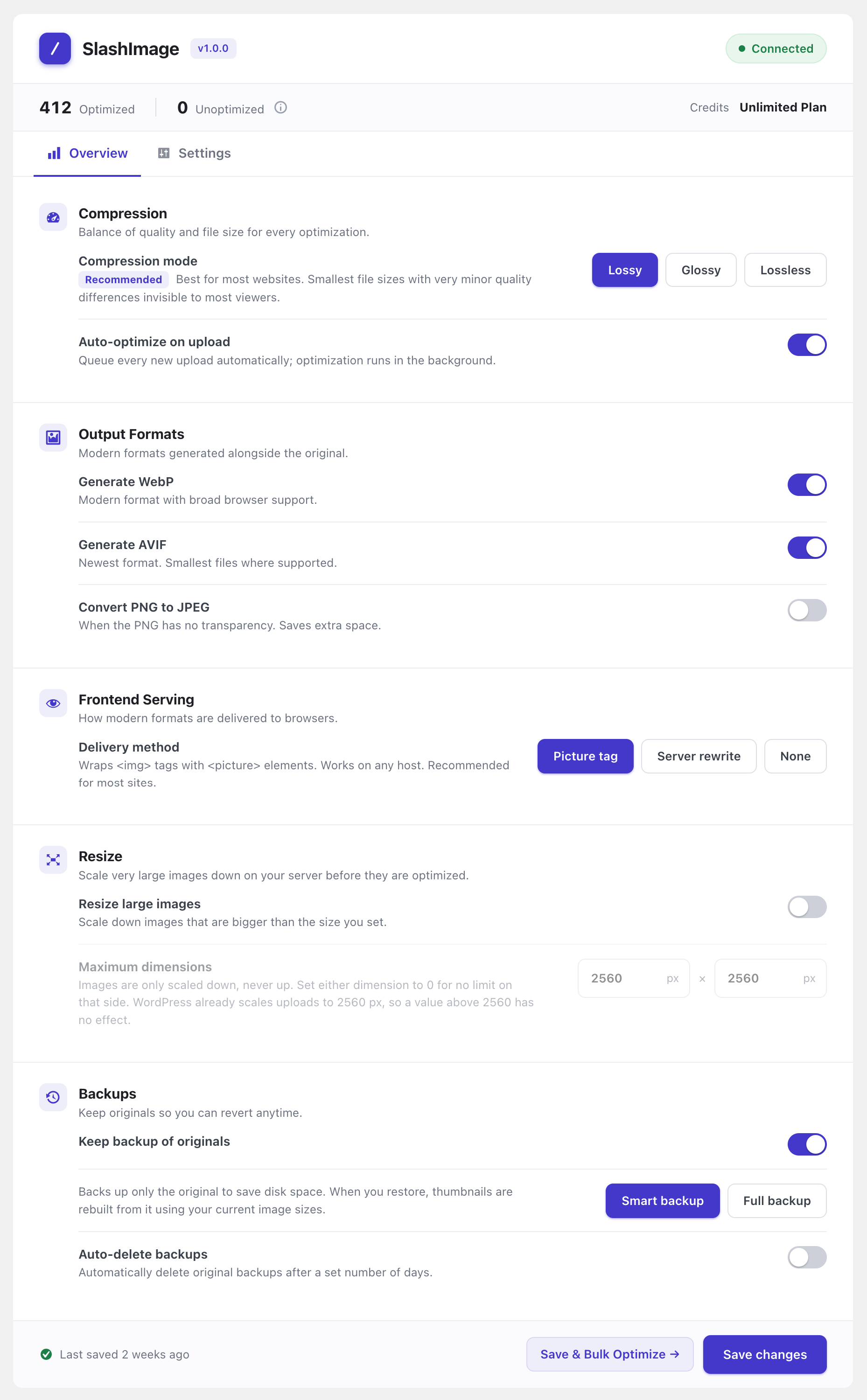 SlashImage Overview tab showing the Compression, Output Formats, and Frontend Serving cards.