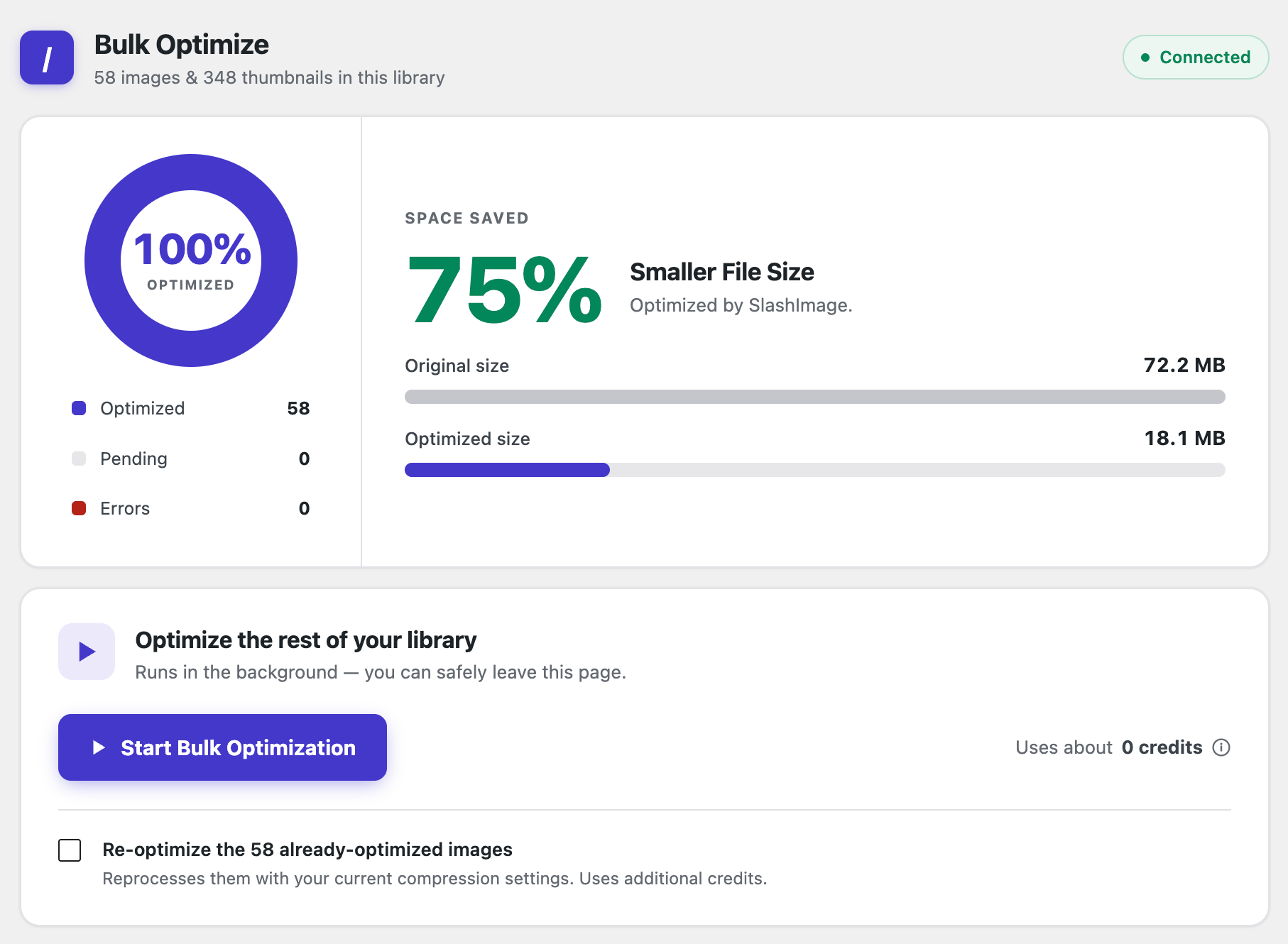 Bulk Optimize page, ready to start optimizing your media library.