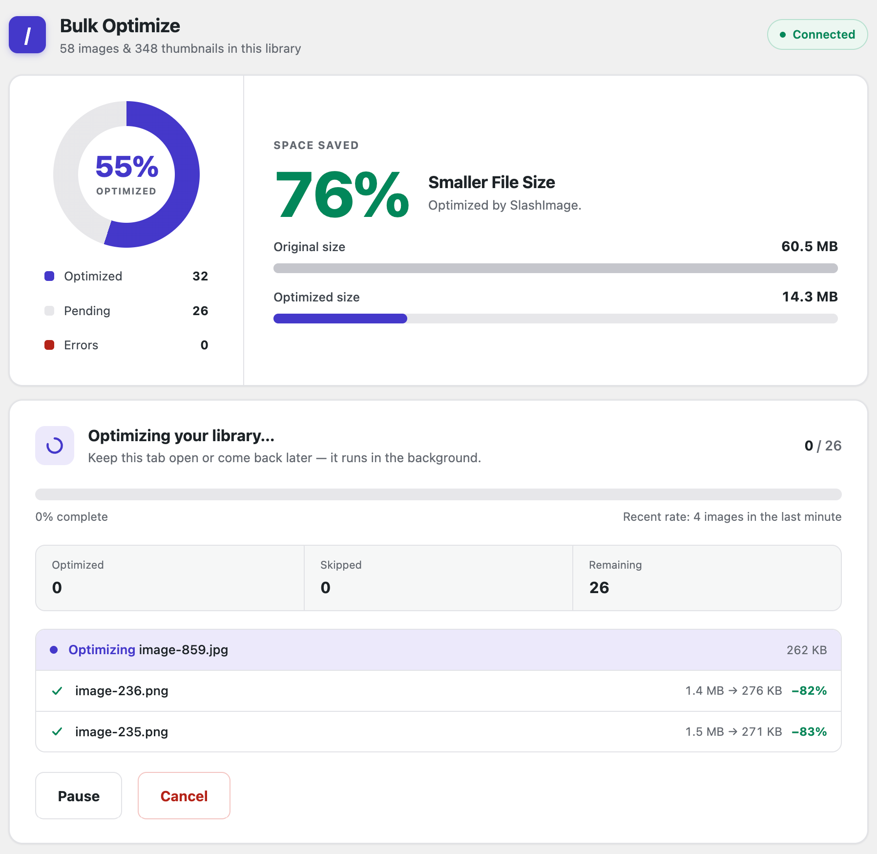 Bulk Optimize page during a run, with progress bar and recent rate.
