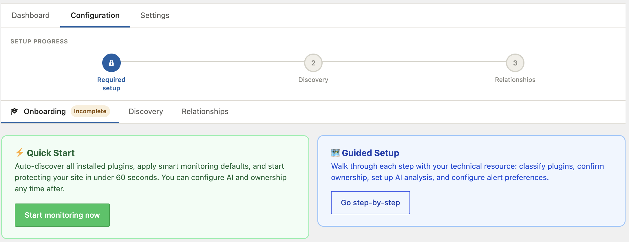 Configuration — onboarding wizard with Quick Start and Guided Setup options