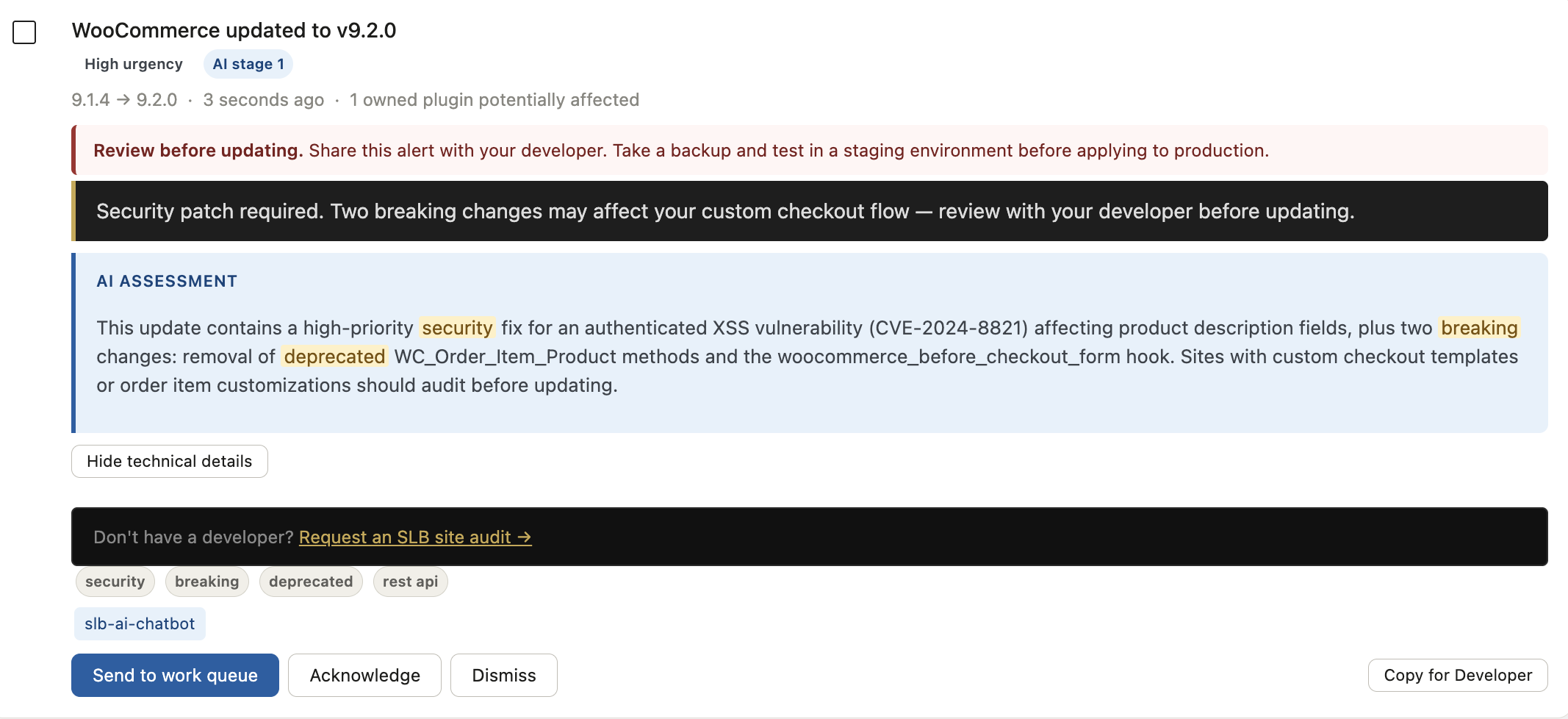 Alerts — alert card with full AI impact assessment and keyword highlighting