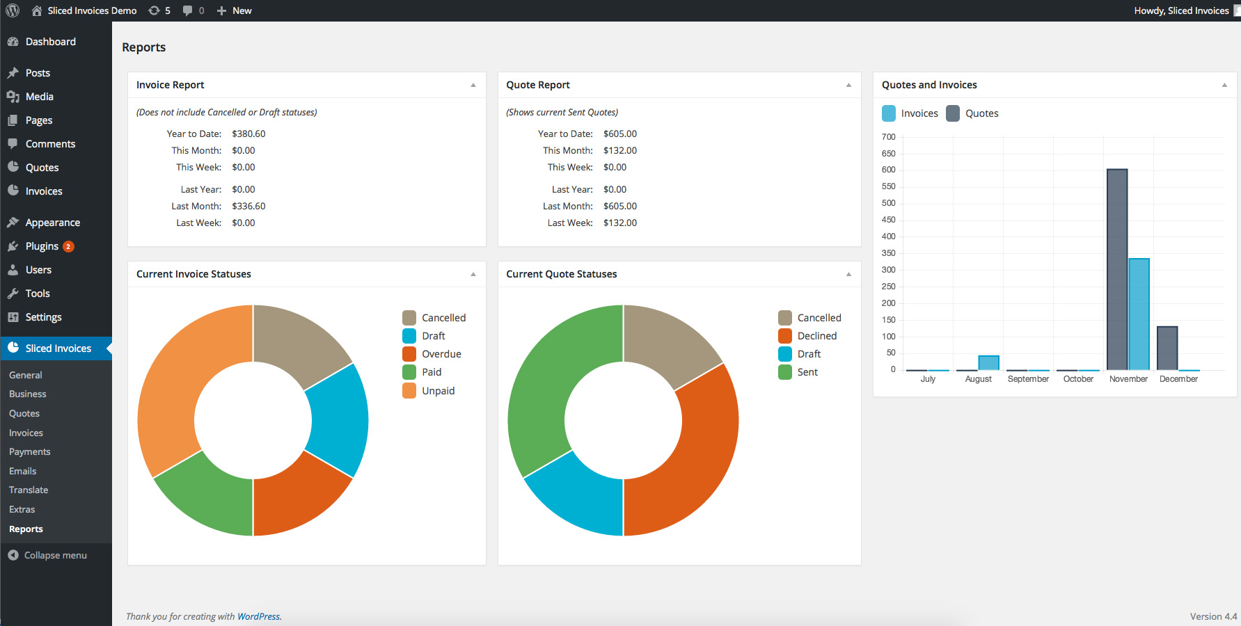 Reports page for quotes and invoices