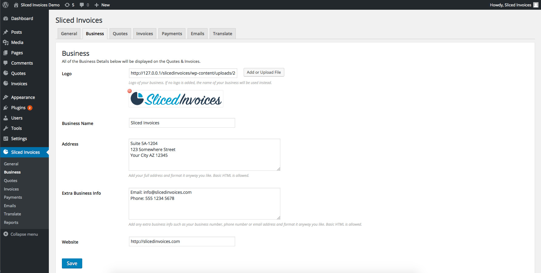 Business settings page