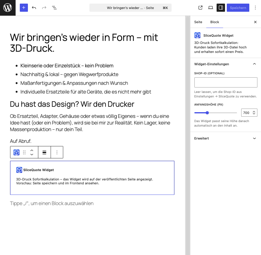 The "SliceQuote Widget" Gutenberg block in the block editor