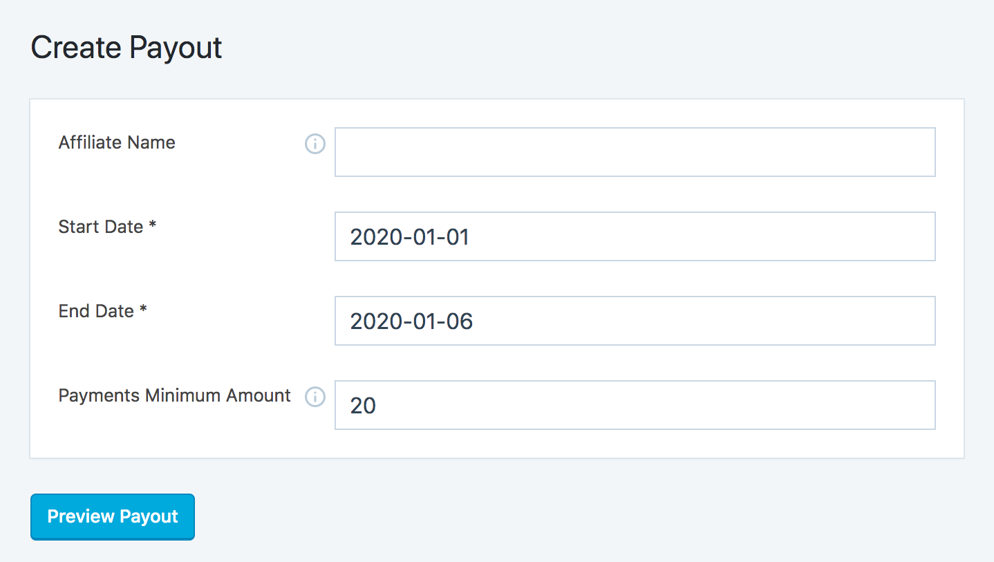 Create affiliates payout panel. Affiliate payouts can be generated for a single affiliate or all, based on a start date, end date and a minimum amount.