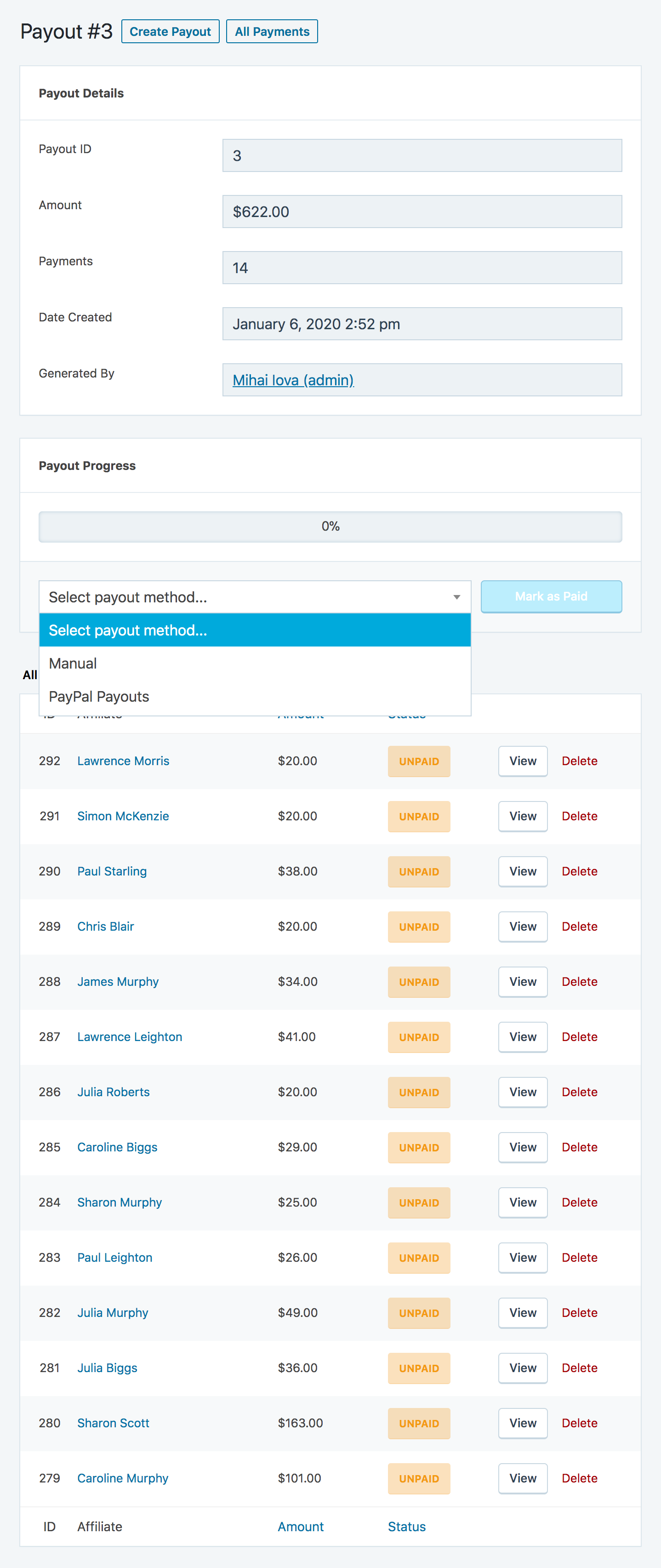 Affiliates payout edit screen. Within this panel you can mark all affiliates payments as complete.