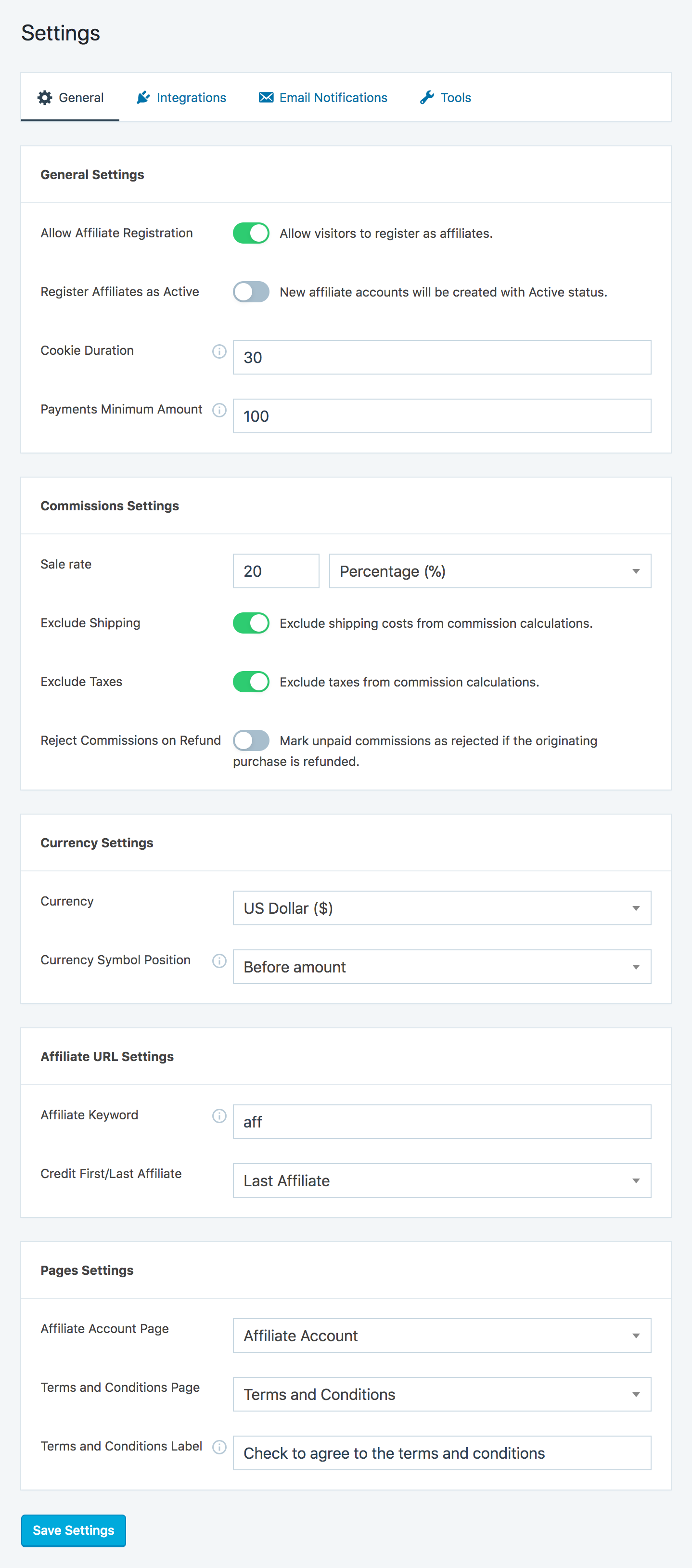 General settings panel, for setting up the affiliates referral program.