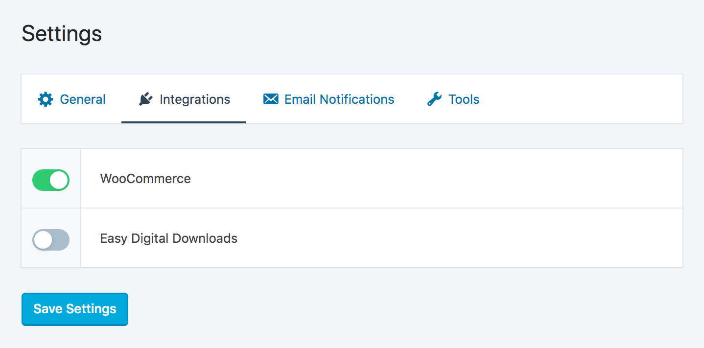 Integrations settings panel, for activating the eCommerce platform you'd like SliceWP to integrate into.