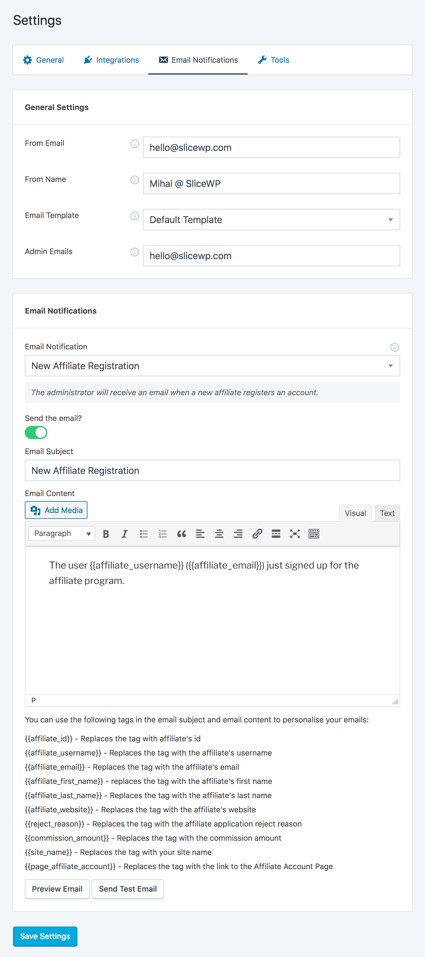 Email notifications settings panel, for enabling the emails you wish to be sent to affiliates and administrators.