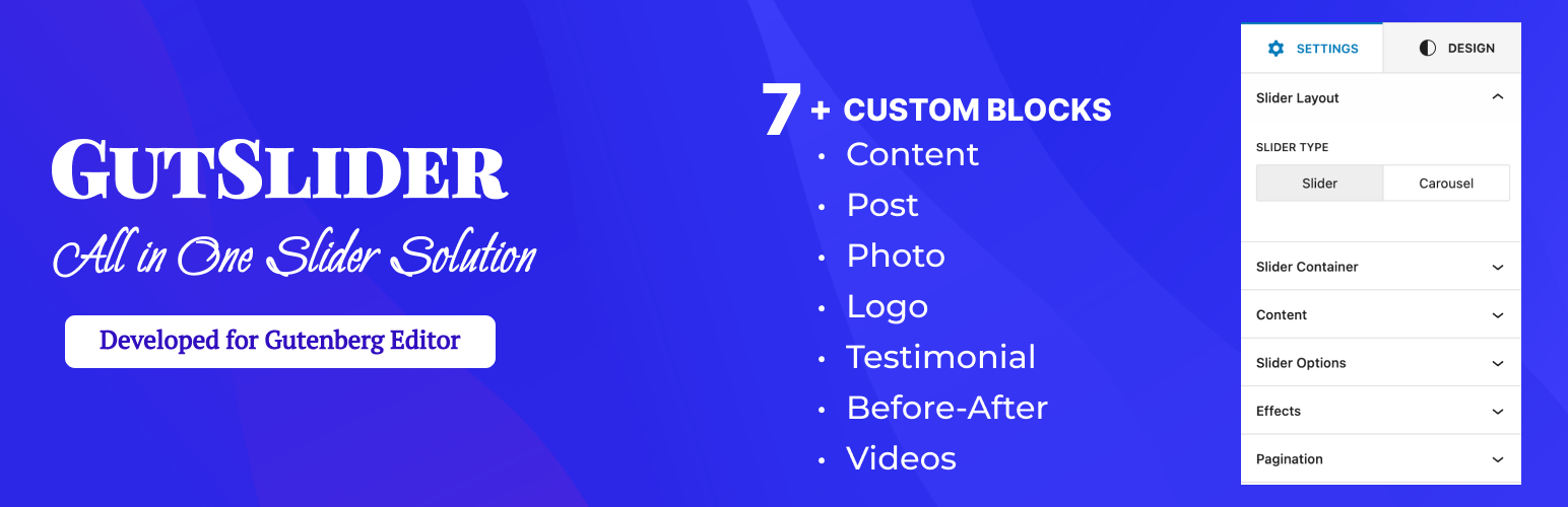 WordPress 外掛 GutSlider – All in One Block Slider for Gutenberg 的封面圖片。