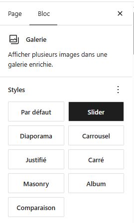 Sélection des styles "Slider", "Diaporama", "Carrousel", "Justifié", "Carré", "Masonry", "Album", "Comparaison" au Panneau Styles des paramètres du bloc Galerie