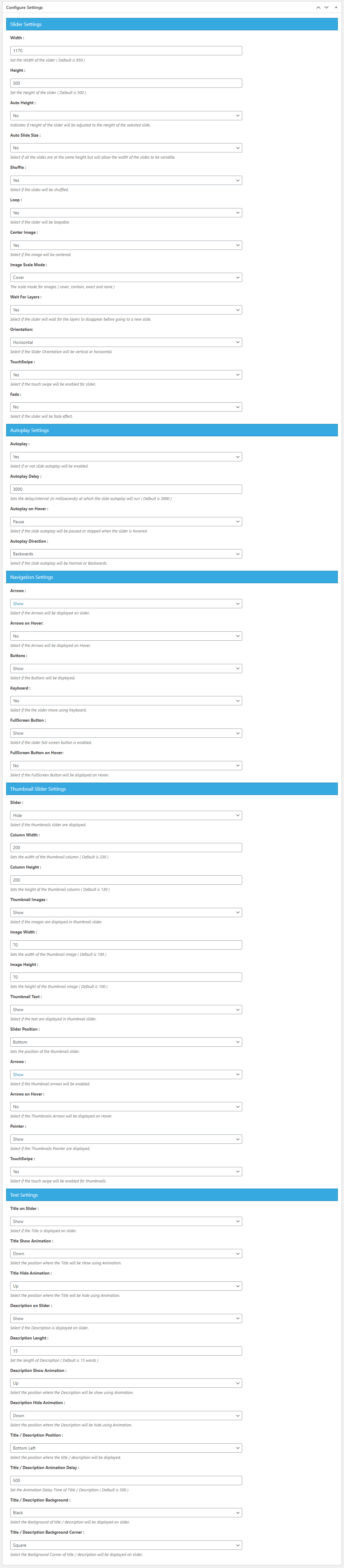 Slider settings.