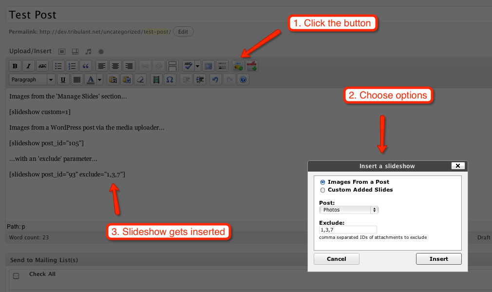 TinyMCE editor button to insert shortcodes.