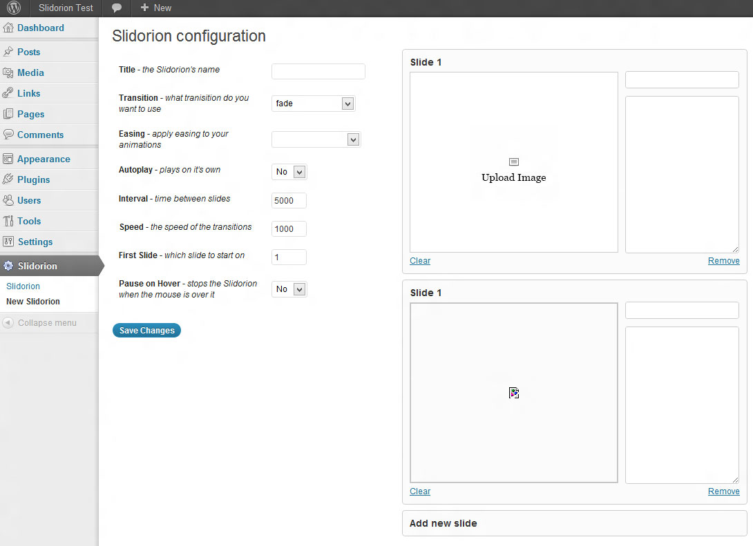 This is the page where you create a new Slidorion.