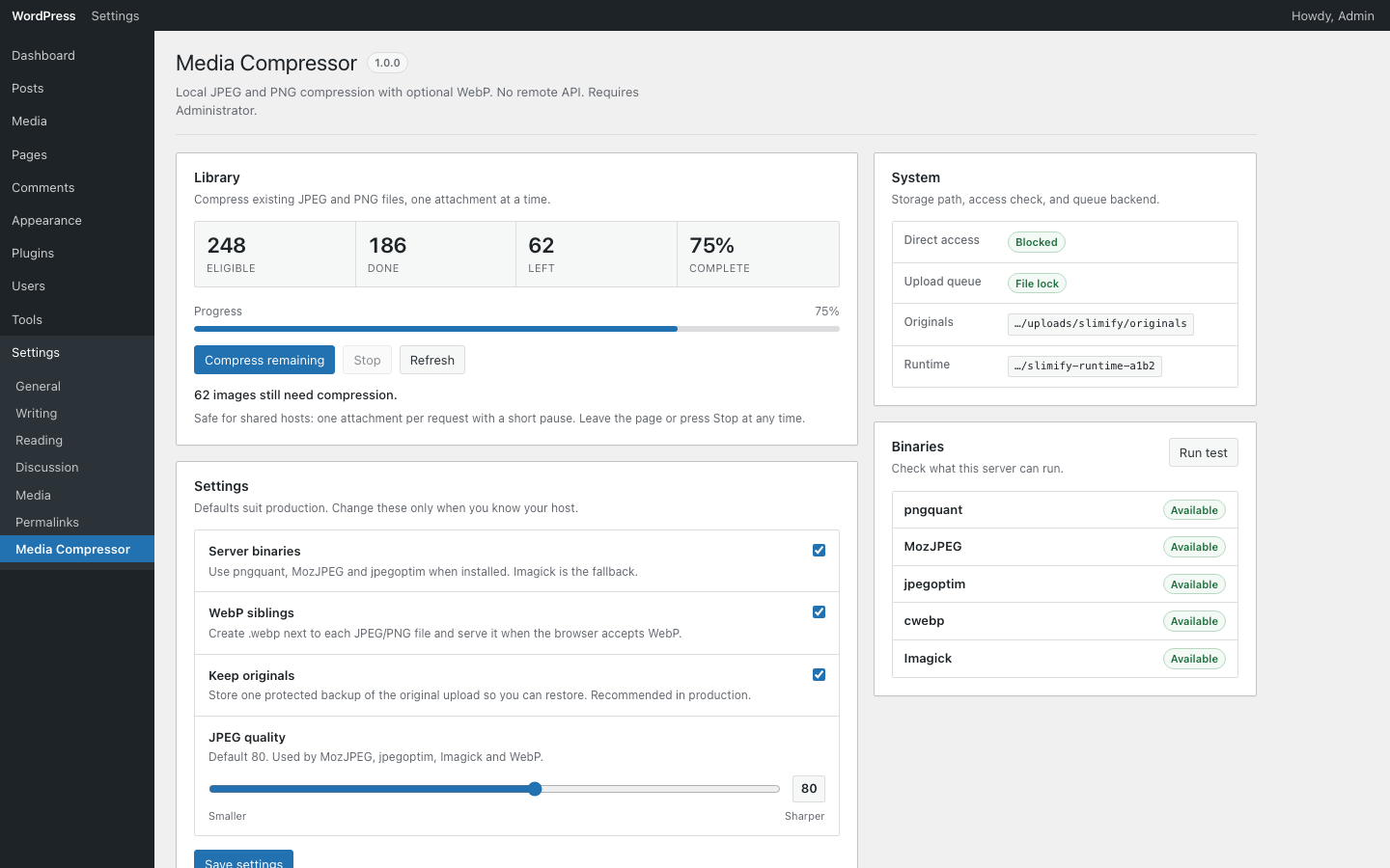 Settings → Media Compressor: library progress, JPEG quality, WebP siblings, and local binaries.