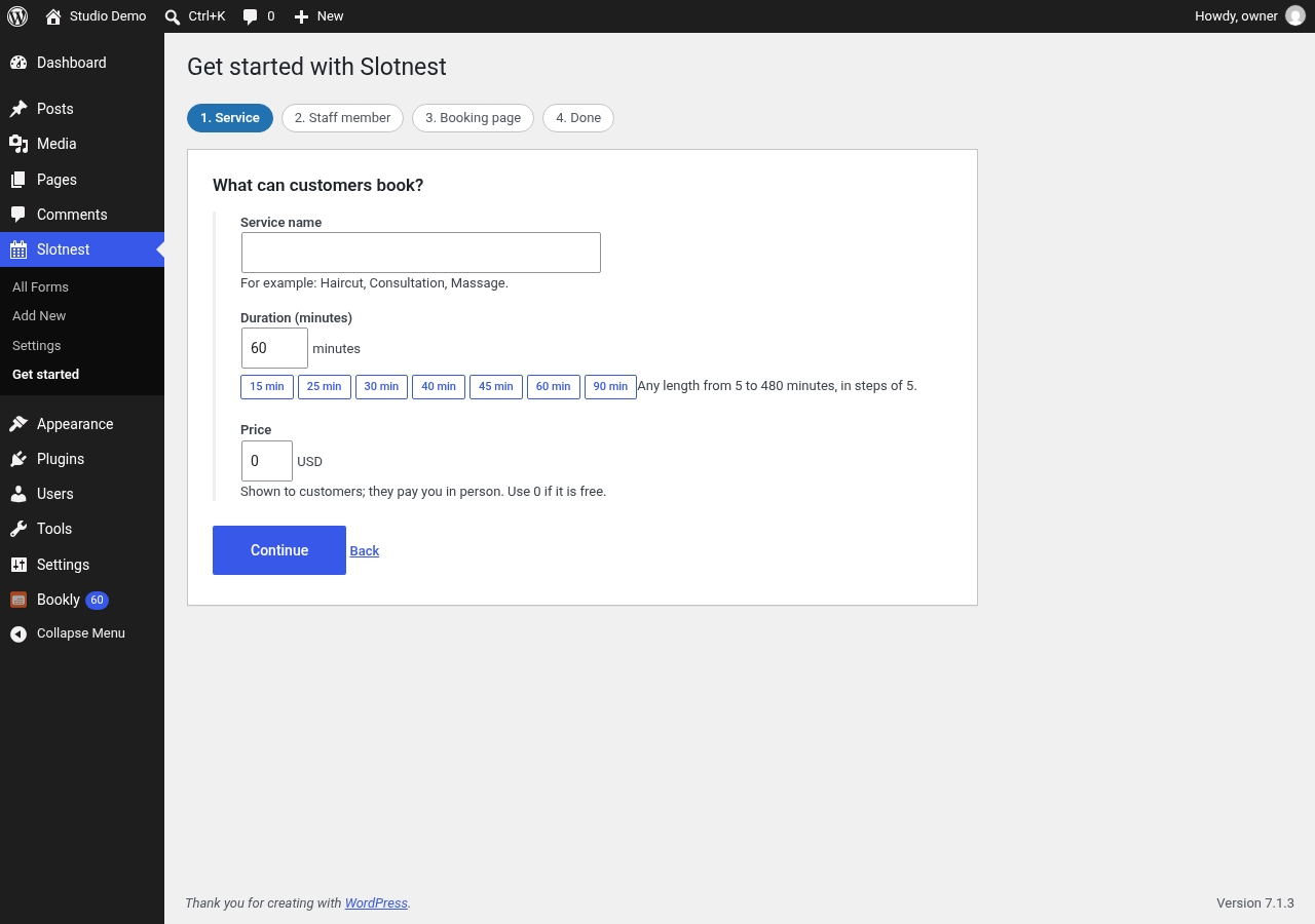 Guided setup: name the service and type its length in minutes, or pick a preset (15, 25, 30, 40, 45, 60 or 90).