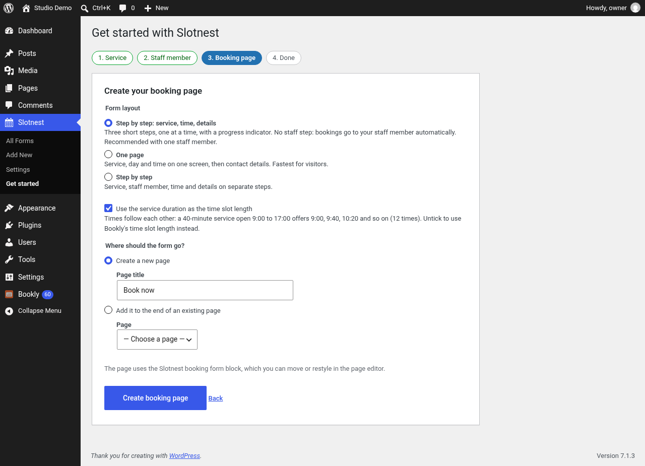 Guided setup: choose the booking page layout. The default is three short steps with no staff step.