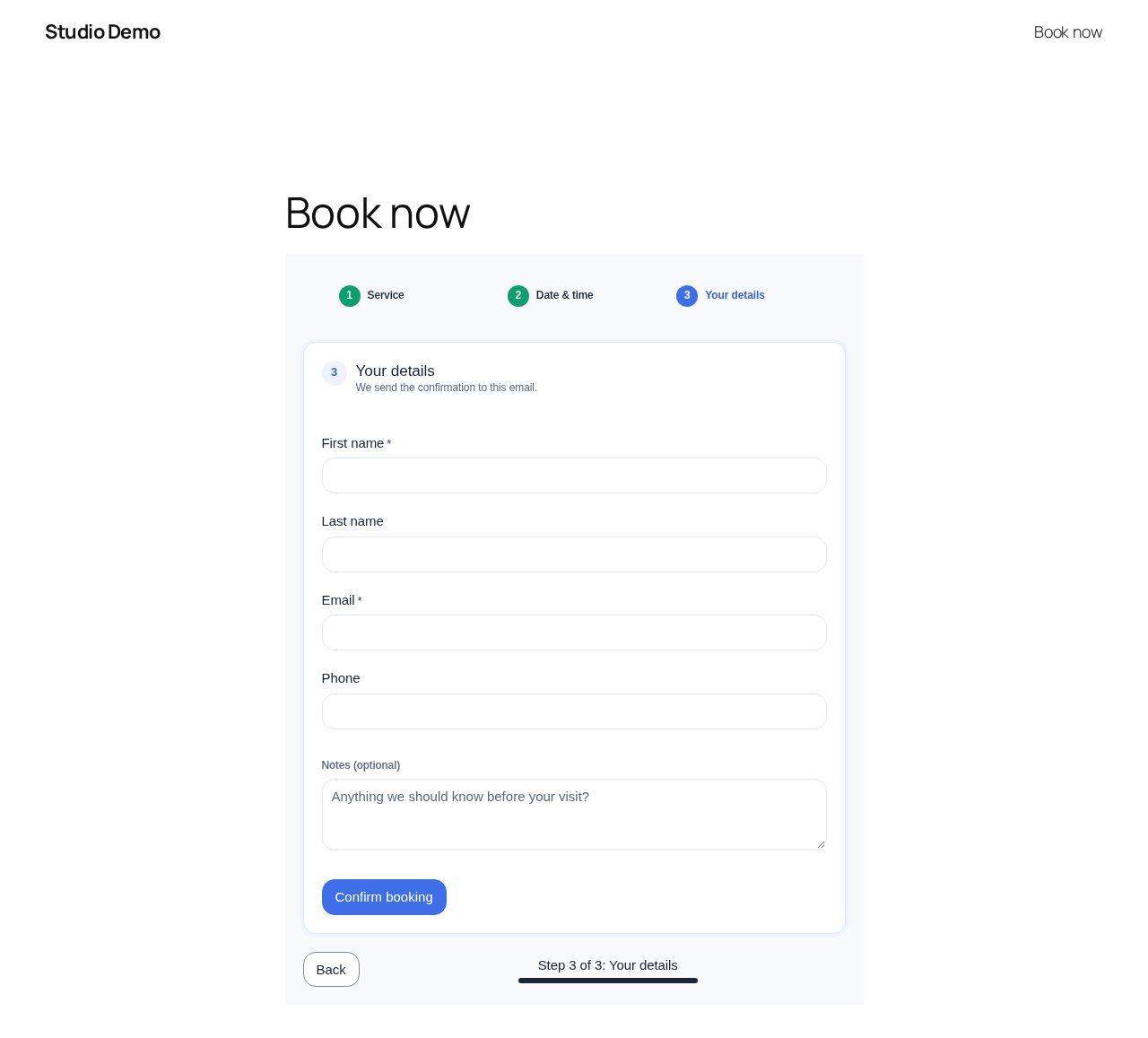 Your details: contact fields and an optional note.