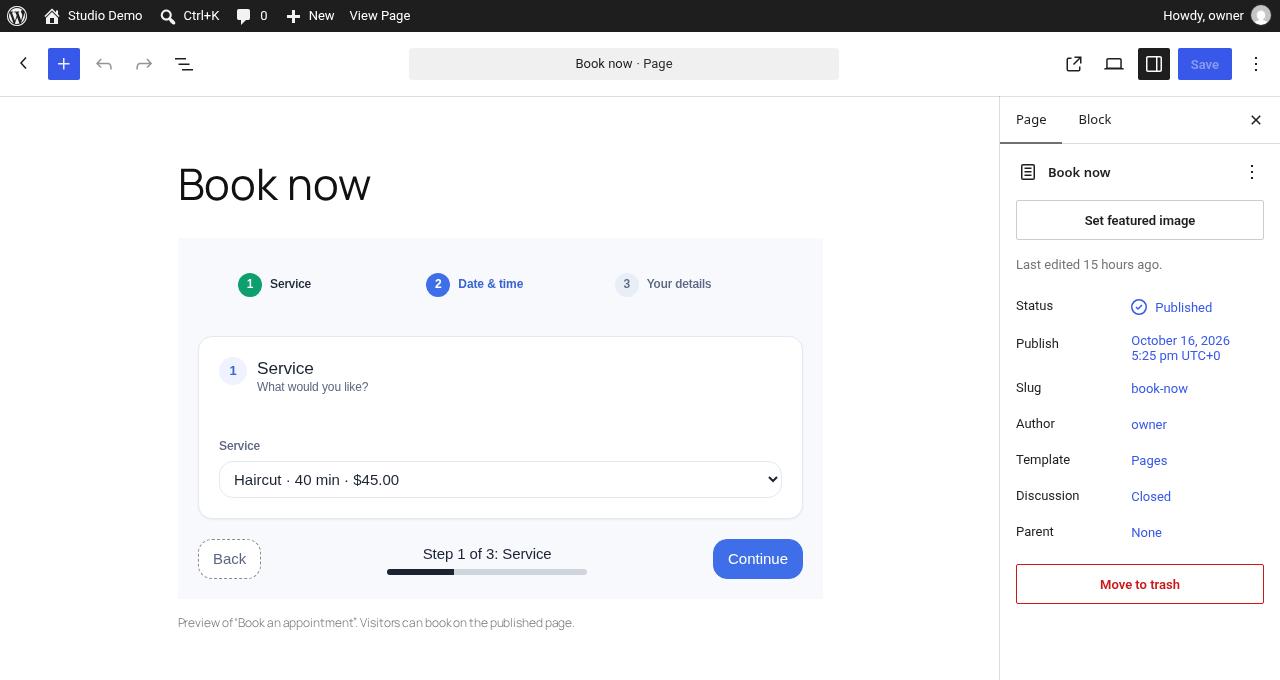 The Slotnest booking form block with a live preview in the editor.
