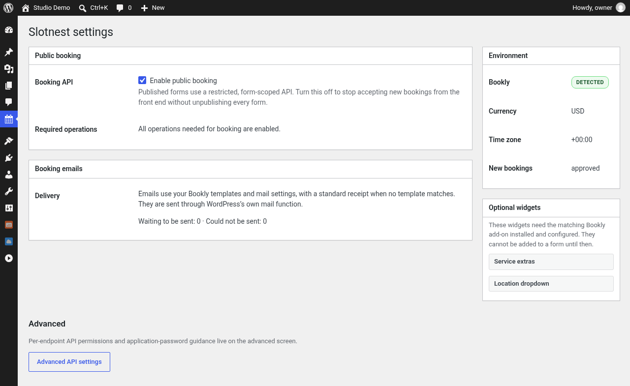 Settings: public booking switch, booking email health and Bookly environment check.