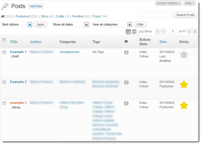 Sample of the "posts" page within wp-admin where a couple of the pages were marked as sticky.