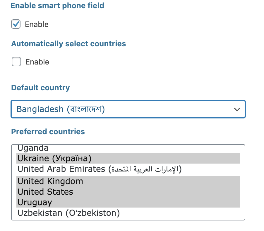 Add your default country from dropdown and select preferred countries