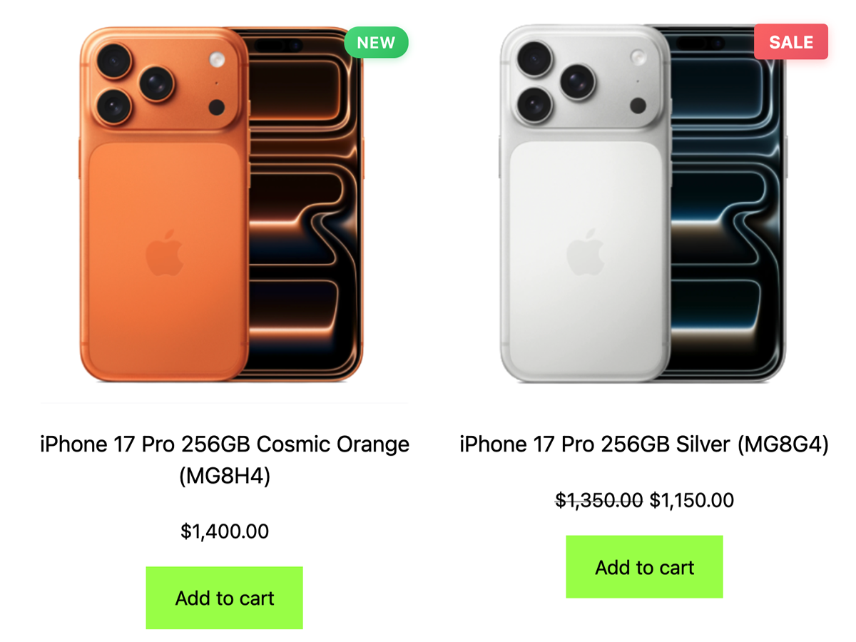 Badges displayed on shop page — Sale and New badges on product images