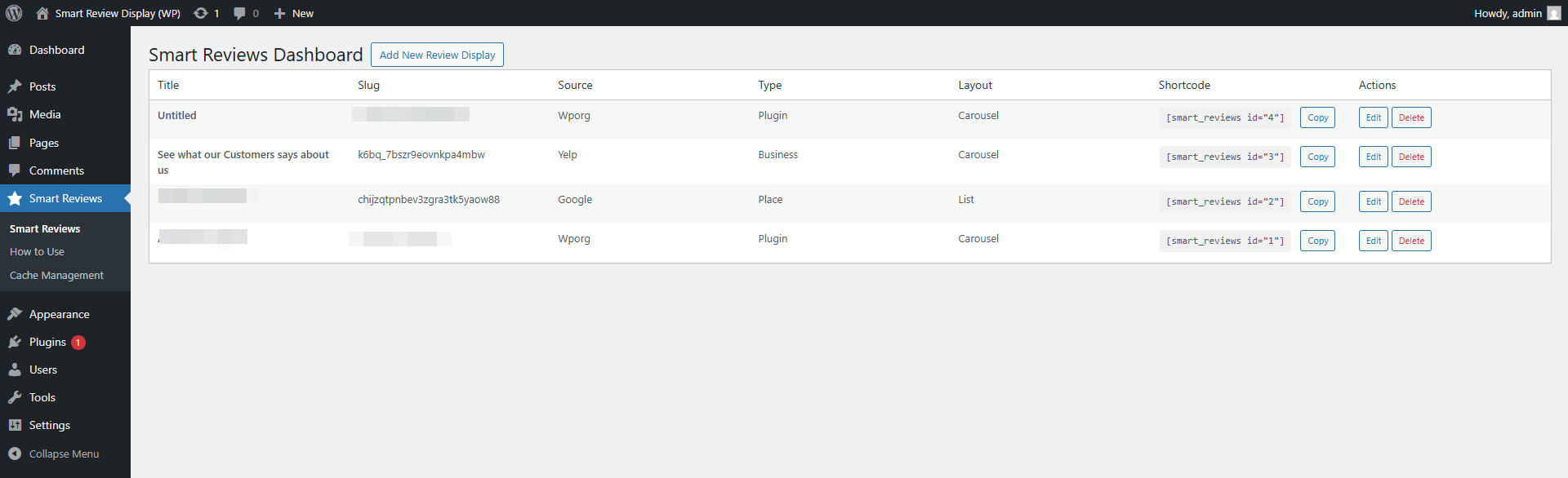 Dashboard with review management interface