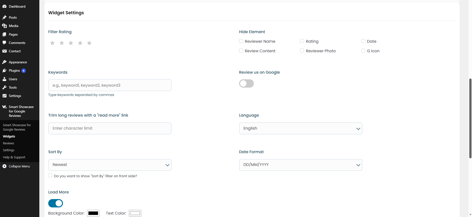 Customize the widget's appearance and functionality with comprehensive settings, including star rating filters, element visibility options, keyword filters for the frontend, language support, date format settings, sorting options, trim settings, per-page listing count, and the ability to add custom CSS for further personalization.