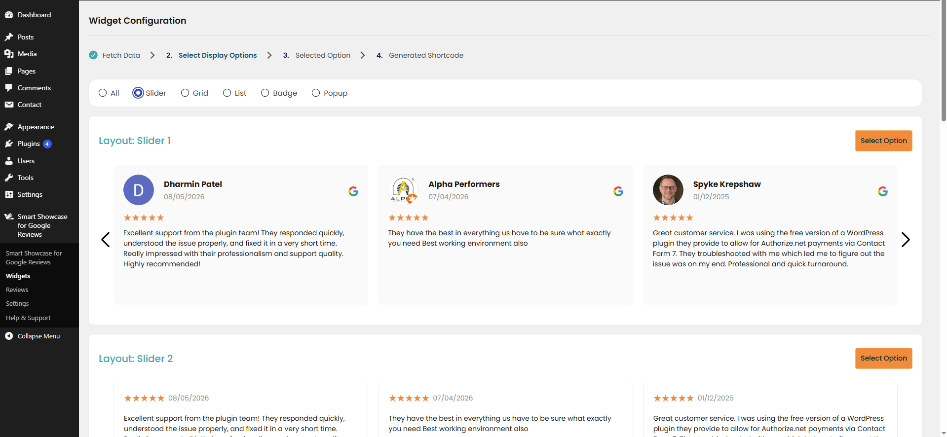 Display Google reviews in an interactive slider format for an enhanced user experience. Choose from various display options, including slider, grid, list, badge, and popup, to customize how reviews are presented.