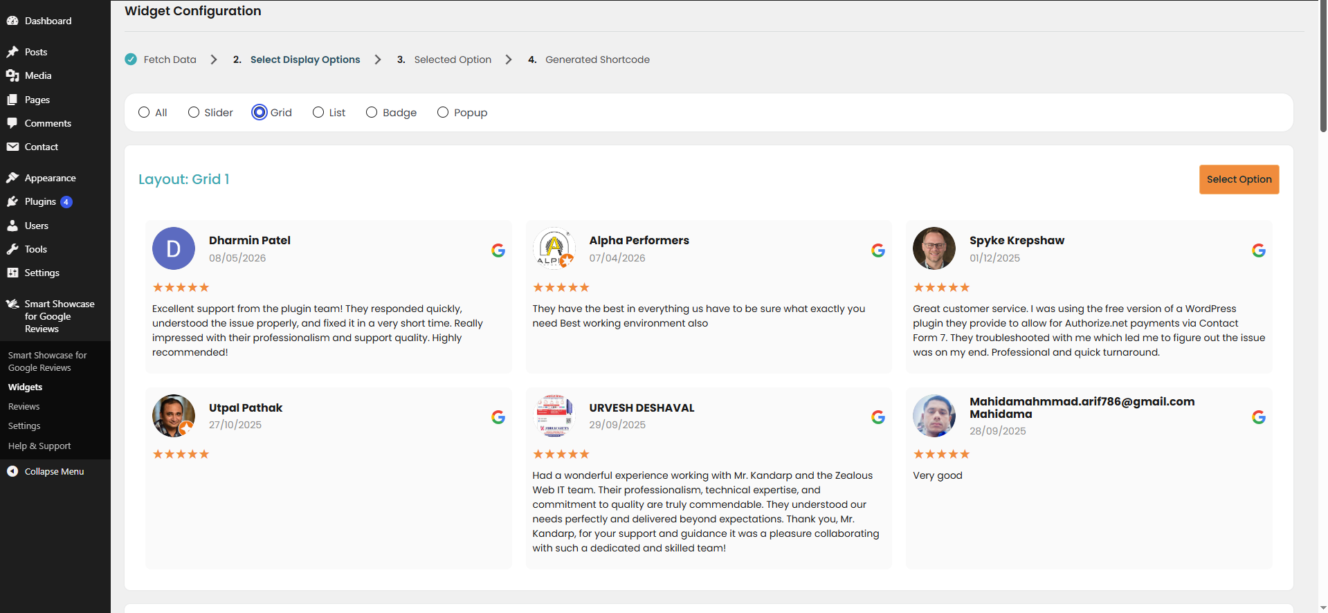 Grid Option: Organize and display reviews in a clean, structured grid layout for a visually appealing presentation.
