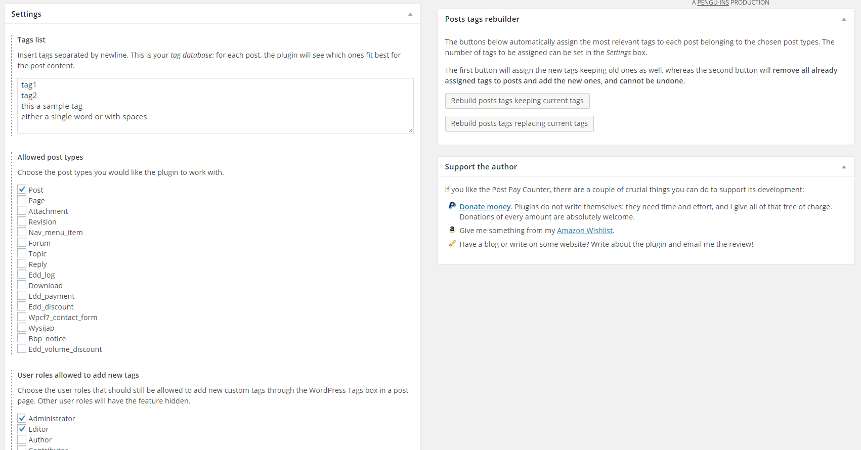 Settings page