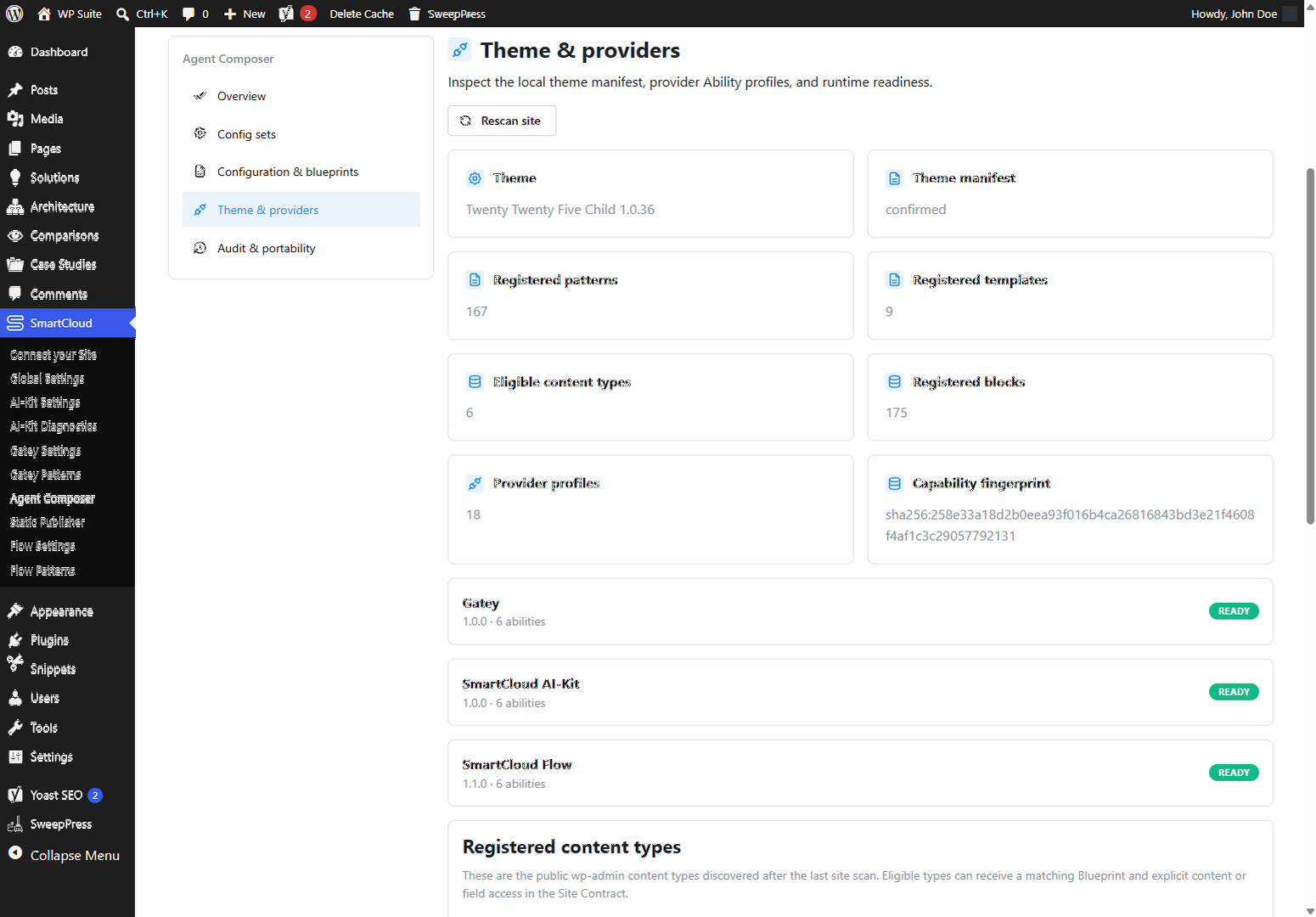 Theme and provider discovery and readiness view