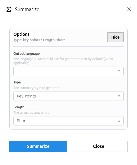 Pro: Frontend summarizer options before generating a summary of page content.