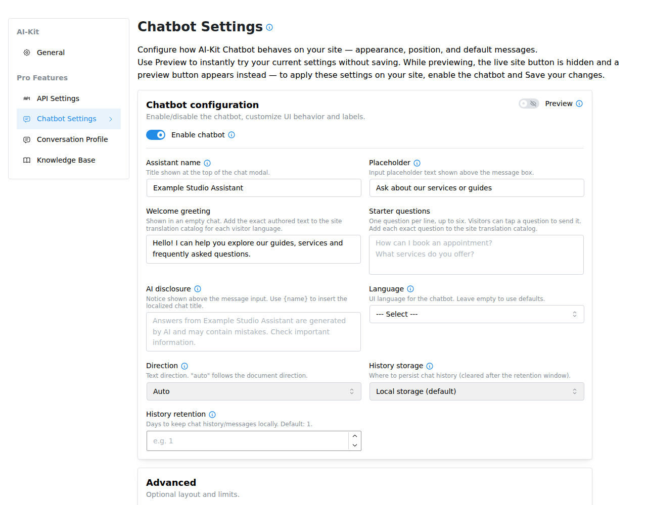 Pro: Chatbot appearance settings, including its name, greeting and presentation.