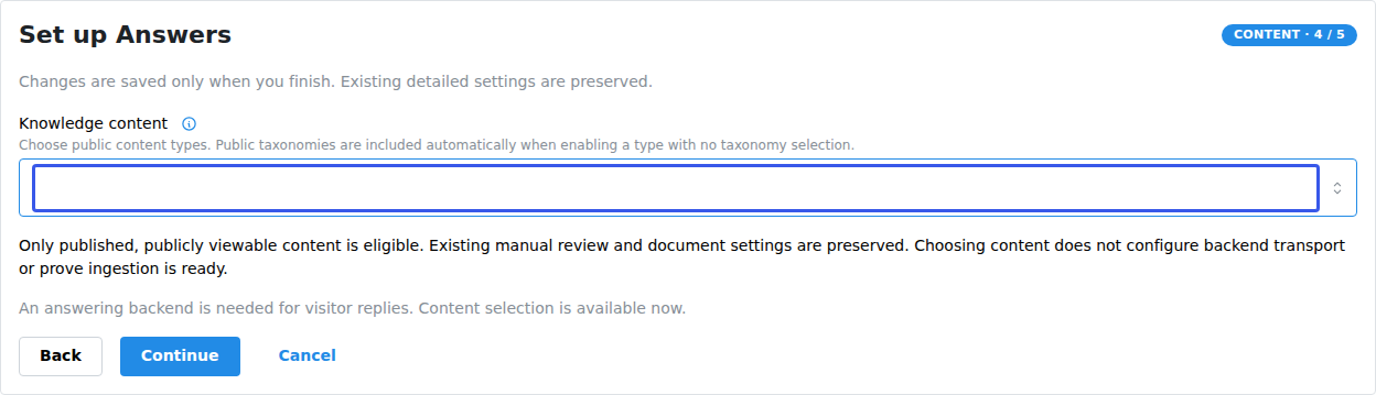 Choose WordPress content types in the Answers guided setup.