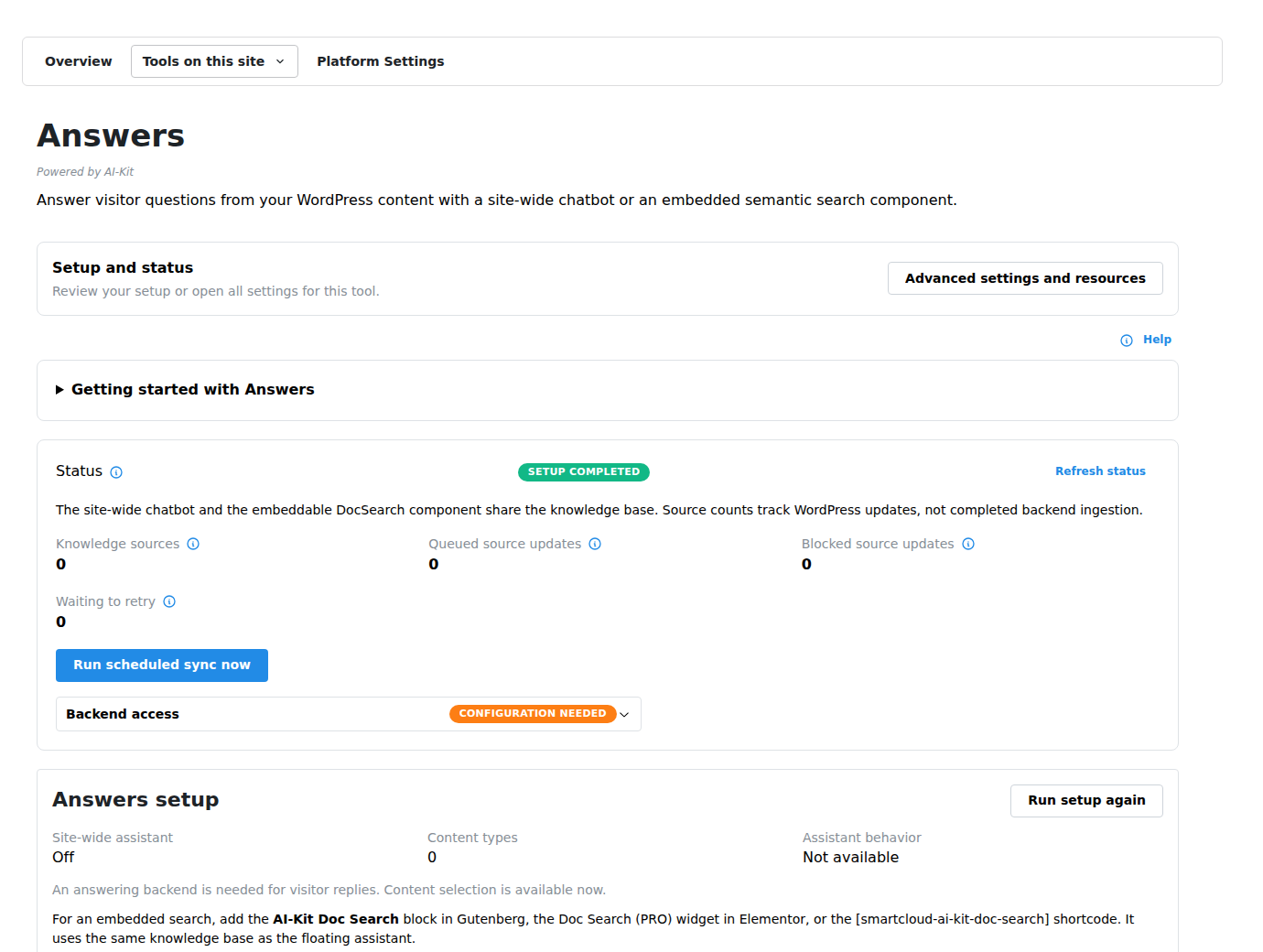 Answers setup, knowledge content and backend access guidance in the shared admin.