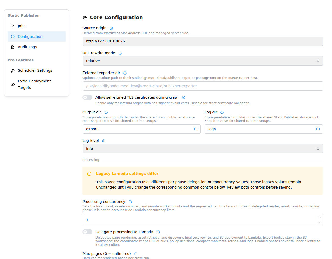 Core export configuration and the publishing destination.