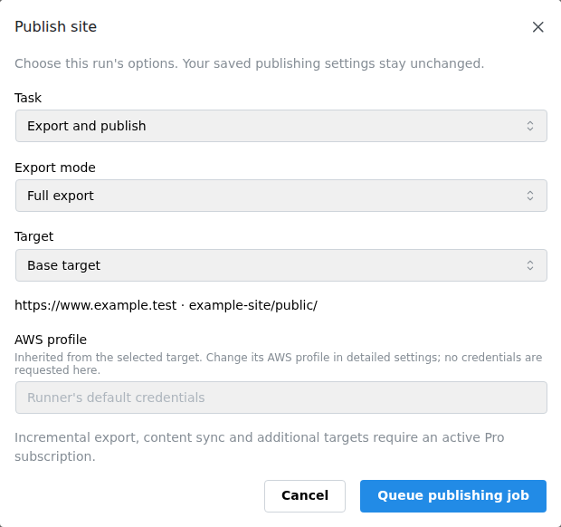 The Publish dialog for selecting an available task and target.