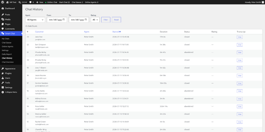 Chat History — all chats stats with date range and rating breakdown