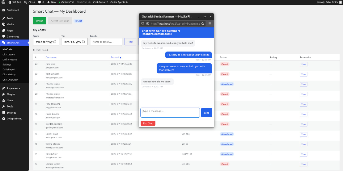 Agent chat popup — real-time conversation window with typing indicator